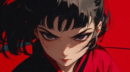Fierce Anime Girl with Katana. Digital Art Portrait