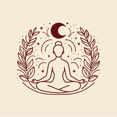 Classic Women Meditation Pose Minimalist Line Drawing Circle Logo Illustration