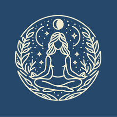 Classic Women Meditation Pose Minimalist Line Drawing Circle Logo Illustration