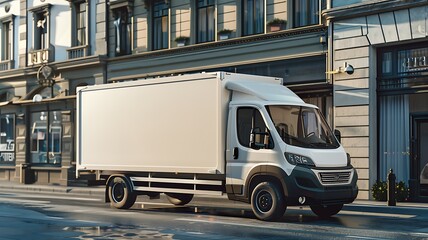 White blank advertisement mockup delivery truck on a city street with historic buildings