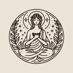 Classic Women Meditation Pose Minimalist Line Drawing Circle Logo Illustration