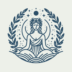 Classic Women Meditation Pose Minimalist Line Drawing Circle Logo Illustration