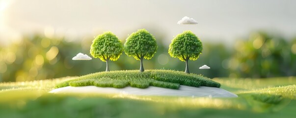Three green trees on a grassy hill with a blurred background.