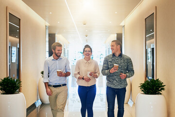 Smile, coffee break and business people in hallway for work culture, planning and collaboration or...