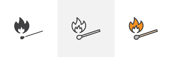 Match fire icon symbol collection on white background.