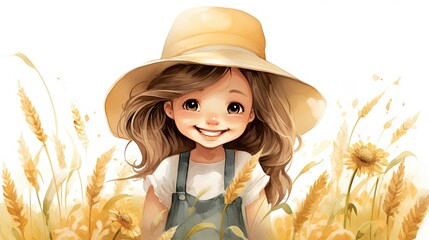 Cute little girl wearing overalls and a straw hat