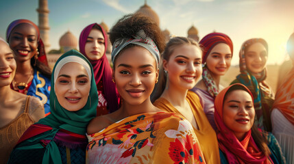 Obraz premium Group of Happy Women in Traditional Clothing Smiling in Front of Historic Mosque - Unity and Cultural Pride in a Vibrant Setting