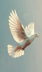 Fototapeta premium White dove in flight. Symbol of peace, hope, love, and freedom