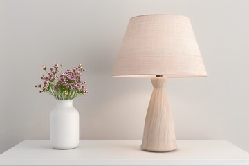 A table lamp with a linen shade in a light pink color, with a simple design, standing on a white sideboard, next to it is a small vase of flowers, front view, photorealistic, high resolution photograp
