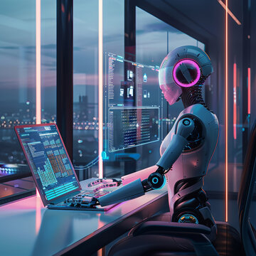 AI robot working at its desk 