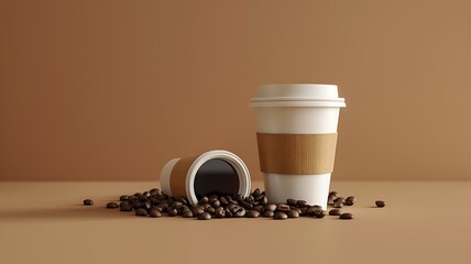 Disposable coffee cups with blank labels with scattered coffee beans advertisement, brown studio room