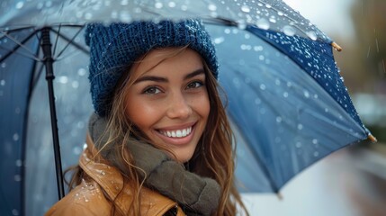 A woman, wearing a yellow raincoat and a blue beanie, holds an umbrella in the rain while smiling, embodying a mix of warmth and perseverance in a rainy setting.