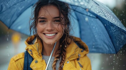 A smiling woman, wearing a yellow rain jacket and standing under a blue umbrella, is captured in a candid moment as the rain falls around her, creating a cheerful atmosphere.