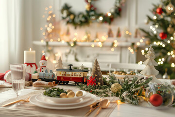 Christmas table with polar train post cart], space for text, photorealistic, warm lighting, white bricks wall background