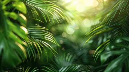 Obraz premium Lush tropical foliage with sunlight filtering through leaves, close-up view. Nature, tranquility, and fresh greenery concept