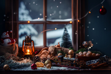 Christmas table with polar train post cart, space for text, warm lighting, dark blue wall background