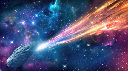 A beautiful comet with a long, colorful tail streaking through space.