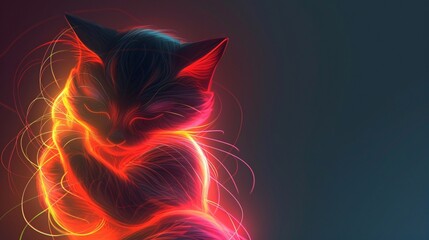 An abstract 3D vector graphic of a black cat hugging a glowing, prismatic shape