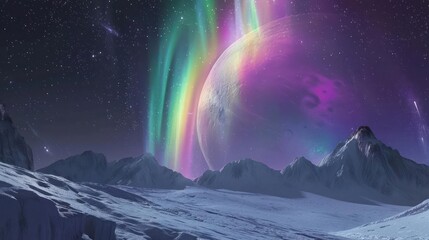 A bright, colorful aurora on a distant, icy moon.