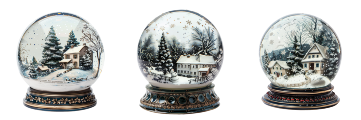 set of snow globe ornaments with winter scenes on transparent background