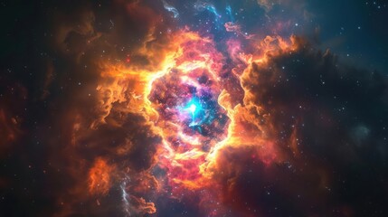 Fototapeta premium A bright, colorful protostar surrounded by a dense gas cloud.