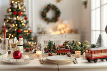 Christmas table with polar train post car], space for text, photorealistic, warm lighting, white bricks wall background