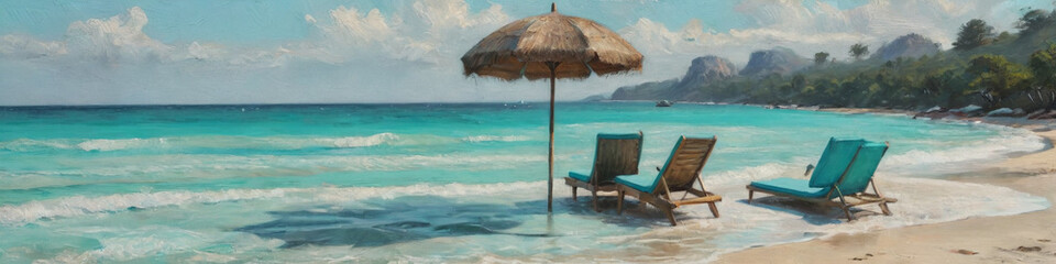 A vibrant oil painting of a beach scene featuring sunbeds under an umbrella, with seashells scattered across the sand. Thick layers of paint bring the lively textures of the sea, summer sun, and relax