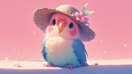 Adorable lovebird wearing a straw hat. Perfect for animal lovers, spring designs, and children's illustrations.