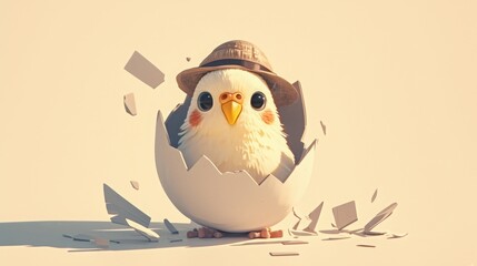 Cute baby bird in explorer hat hatching from egg, perfect for children's book illustrations, animal lovers, new life, beginnings, and adventure concepts