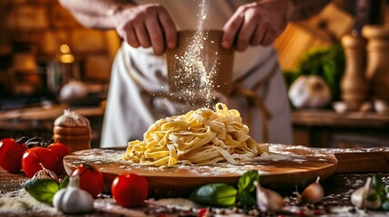 chef presenting homemade fettuccine pasta with parmesan, tomatoes, garlic in warmly lit kitchen