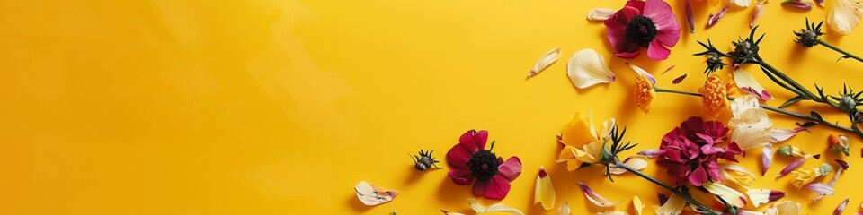 Fading Fantasy Flowers on a Banner, Yellow Background, Sad Beauty, with copy space, AI Generated