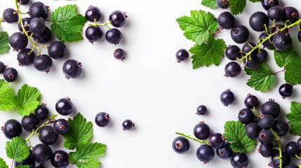 blackcurrant fruit on white background with empty space in center