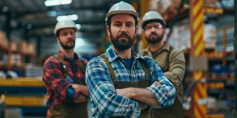 Obraz premium Three men wearing hard hats and safety gear are standing together in a factory