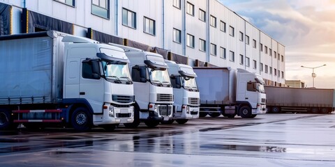 A row of white semi trucks are parked in a lot