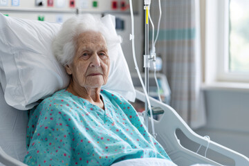 Obraz premium Elderly patient resting in a hospital bed with IV and medical equipment in the background. Healthcare and recovery concept.