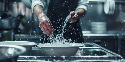 A person is washing dishes in a kitchen with water splashing everywhere