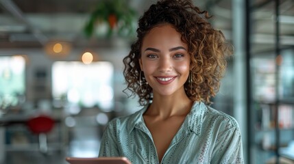 A professional woman with curly hair smiling while holding a tablet indoors, in a well-designed modern office environment, radiating positivity and a welcoming presence.