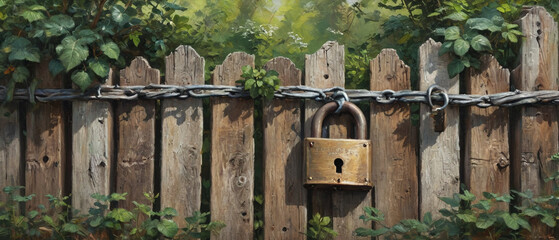 A vintage love lock attached to a weathered wooden fence, surrounded by lush greenery, depicted in thick oil layers to emphasize the textured wood and the nostalgic feel, Generative AI