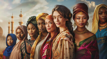 Fototapeta premium Portrait of Diverse Women in Traditional Attire with Mosque in Background - Celebrating Cultural Heritage and Female Empowerment