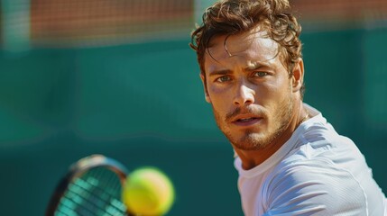 A male tennis player intensely watches the incoming ball, displaying his unwavering dedication and...