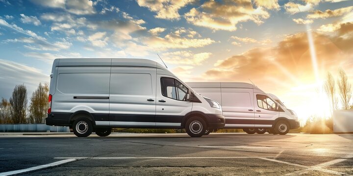 Two white vans are parked in a parking lot