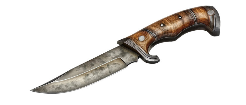 A close-up image of a hunting knife with a wooden handle and a rustic blade, showcasing detailed craftsmanship and design.