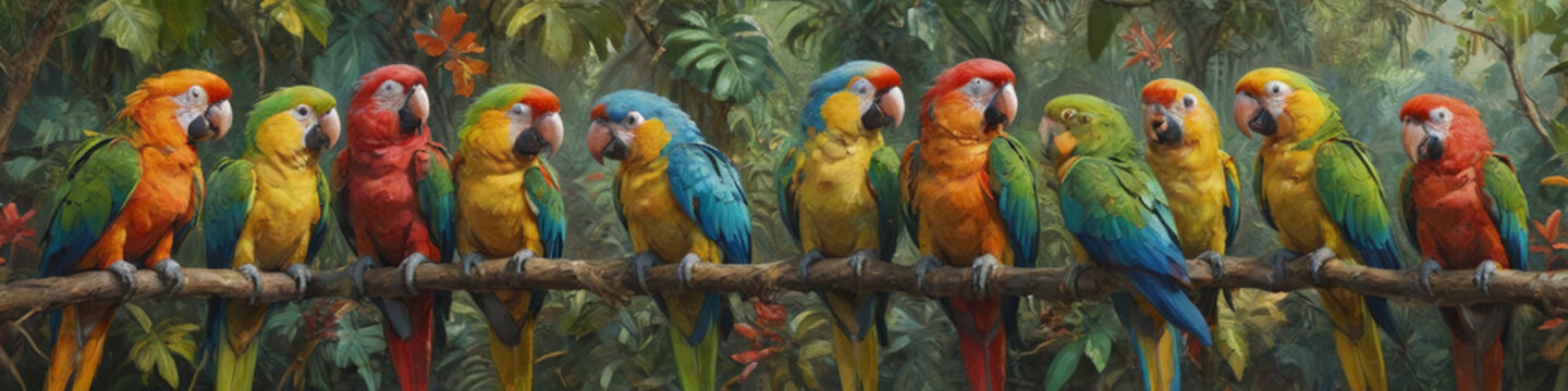 A group of colorful parrots chatting animatedly on a jungle vine, rendered in thick oil paint to capture their lively personalities and vibrant plumage, Generative AI