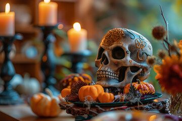 Halloween house decoration post car], space for text, photorealistic, warm lighting