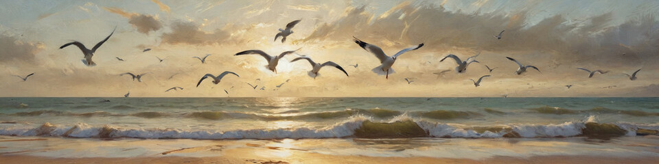 Obraz premium A flock of seagulls flying over a sunlit beach, depicted in thick oil layers to emphasize their dynamic movement and the bright seaside scene, Generative AI