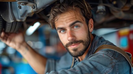 A male mechanic with blue eyes and a beard intensely focused on repairing the underside of a vehicle in a well-lit garage, emphasizing technical proficiency and dedication.