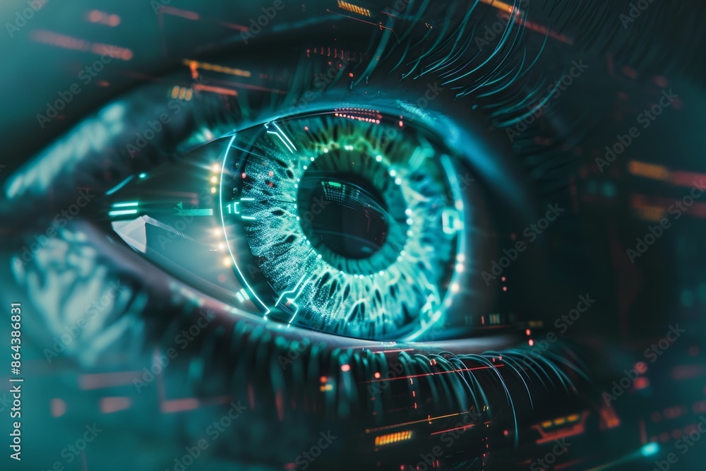 Poster futuristic cybernetic vision hacker and ai robot eye displayed in tech environment