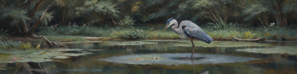 Fototapeta premium A graceful heron standing in a quiet pond, rendered in thick oil paint to capture its poised stance and the serene water, Generative AI