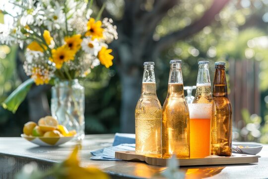 Home party setup  chilled beer bottles and refreshing drinks, ideal for text placement