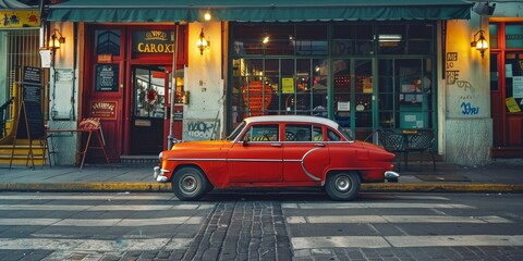 Obraz premium A red car is parked on a city street in front of a restaurant